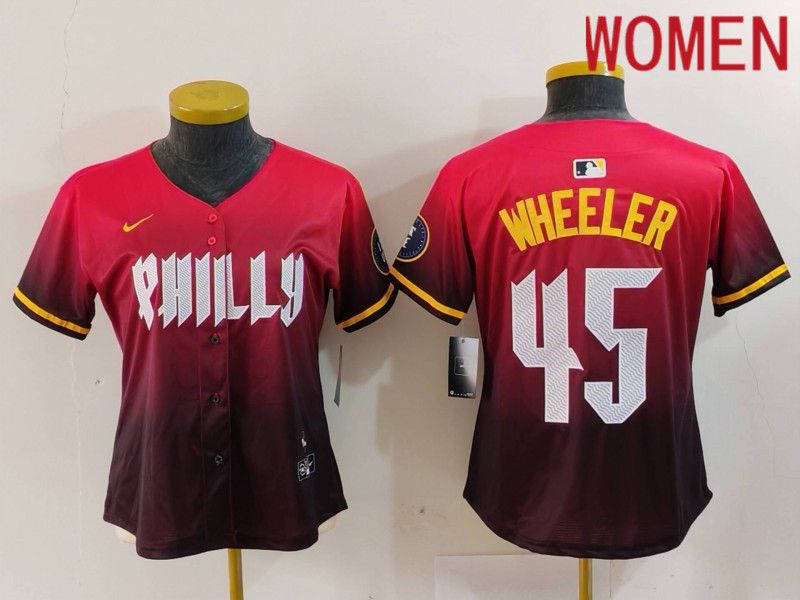 Women Philadelphia Phillies #45 Wheeler Red City Edition 2024 Nike MLB Jersey style 1->women mlb jersey->Women Jersey